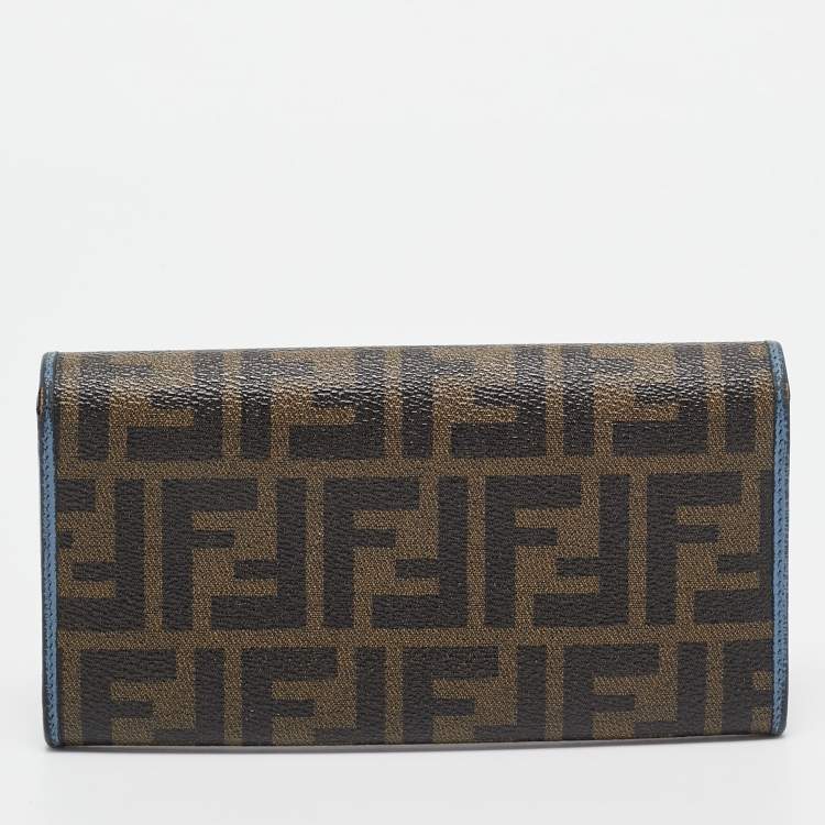 Pre Owned Fendi Brown/Blue Zucca Coated Canvas and Leather Flap Continental Wallet
