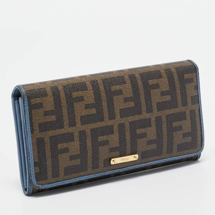 Pre Owned Fendi Brown/Blue Zucca Coated Canvas and Leather Flap Continental Wallet