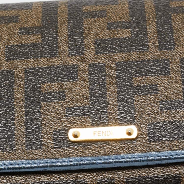 Pre Owned Fendi Brown/Blue Zucca Coated Canvas and Leather Flap Continental Wallet