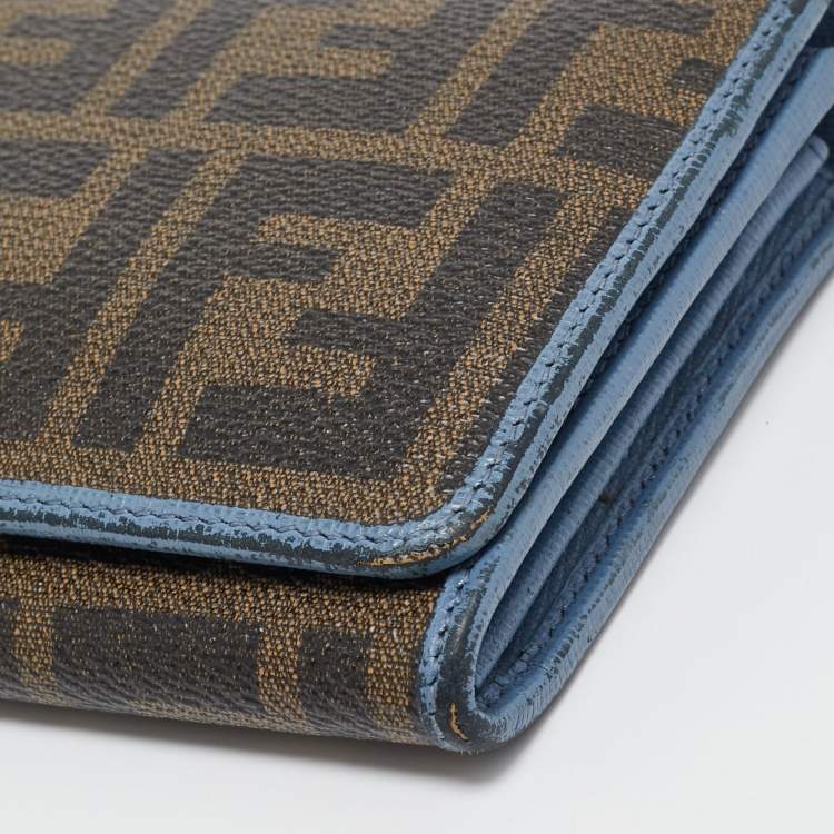 Pre Owned Fendi Brown/Blue Zucca Coated Canvas and Leather Flap Continental Wallet