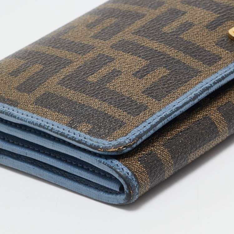 Pre Owned Fendi Brown/Blue Zucca Coated Canvas and Leather Flap Continental Wallet