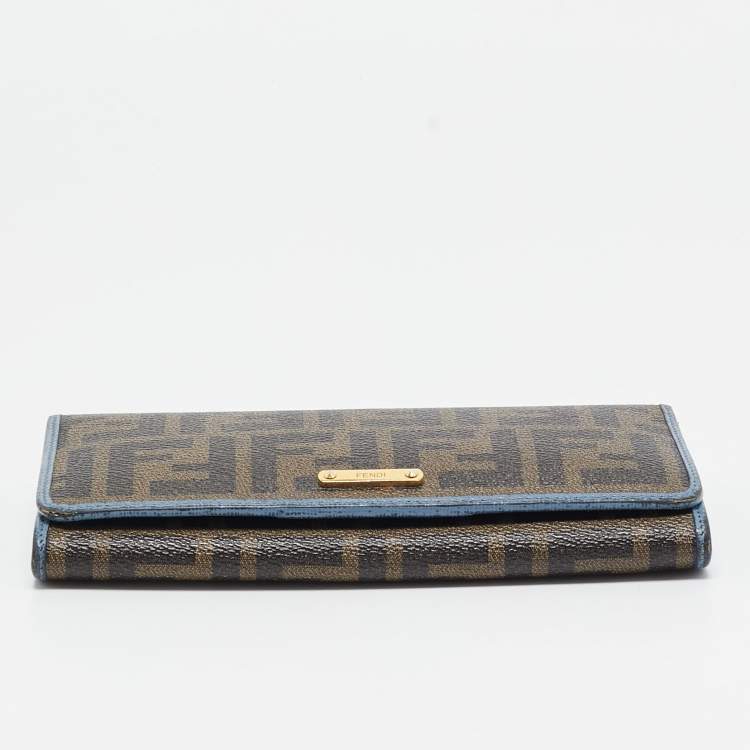 Pre Owned Fendi Brown/Blue Zucca Coated Canvas and Leather Flap Continental Wallet