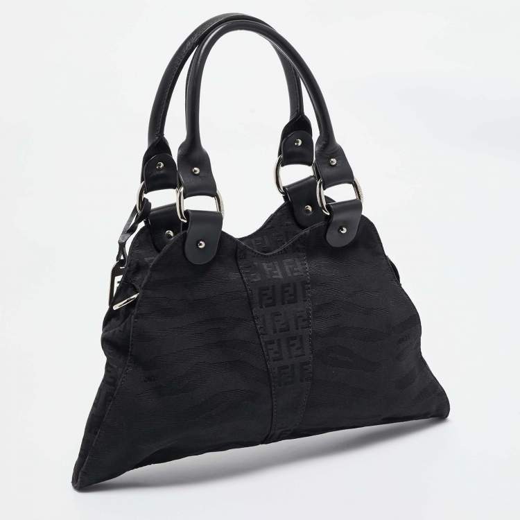 Pre Owned Fendi Black Zuchinno Fabric and Leather Devil Trapezio Tote
