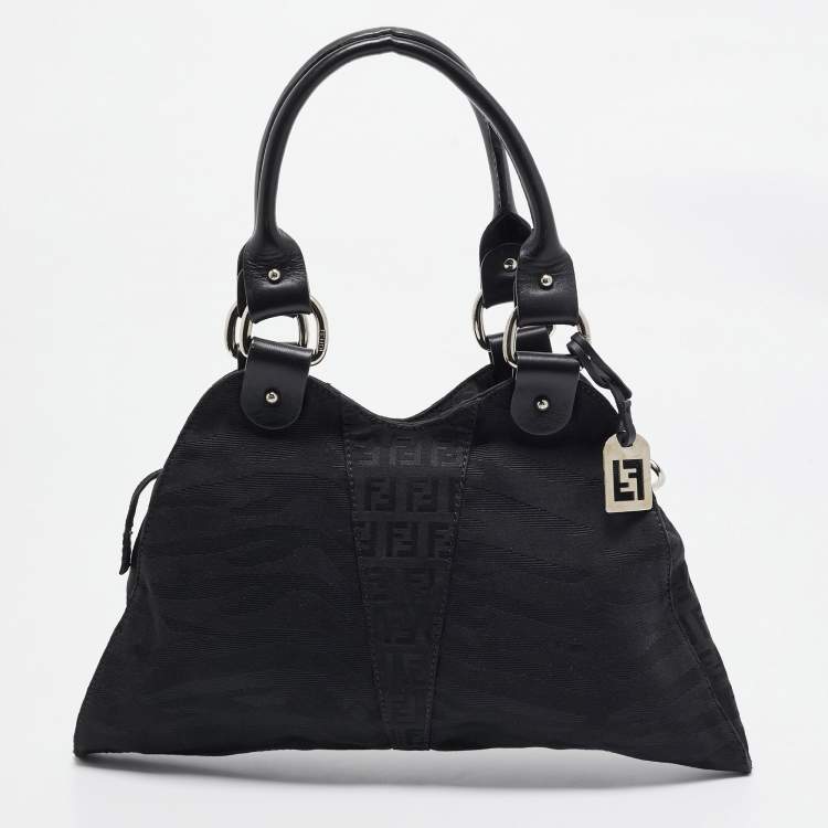 Pre Owned Fendi Black Zuchinno Fabric and Leather Devil Trapezio Tote