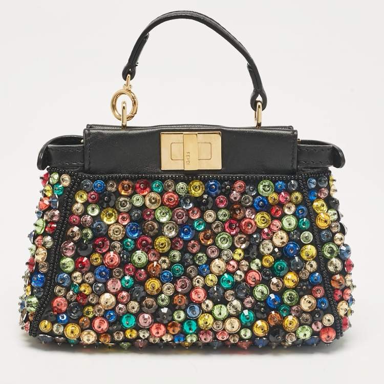 Pre Owned Fendi Black Leather Micro Peekaboo Crystals Crossbody Bag