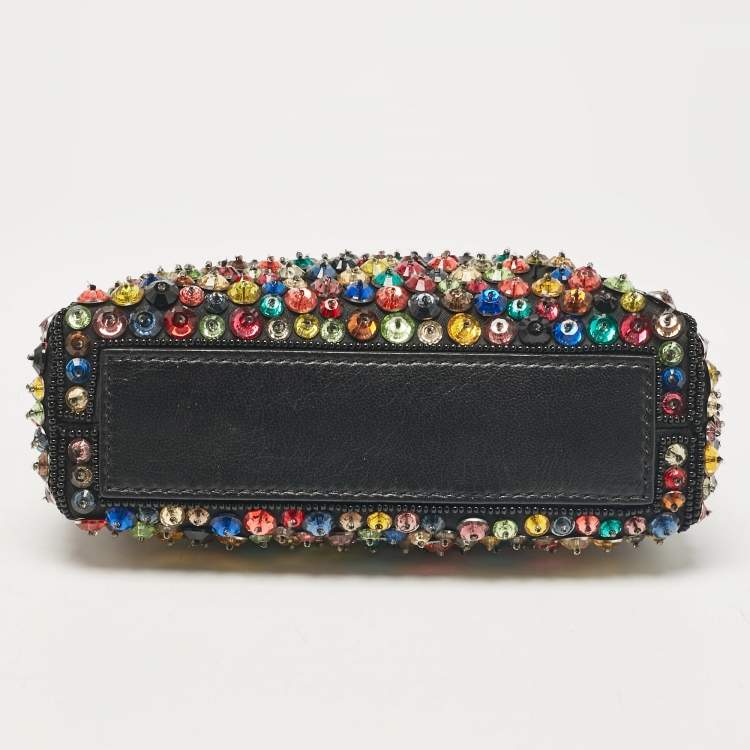 Pre Owned Fendi Black Leather Micro Peekaboo Crystals Crossbody Bag