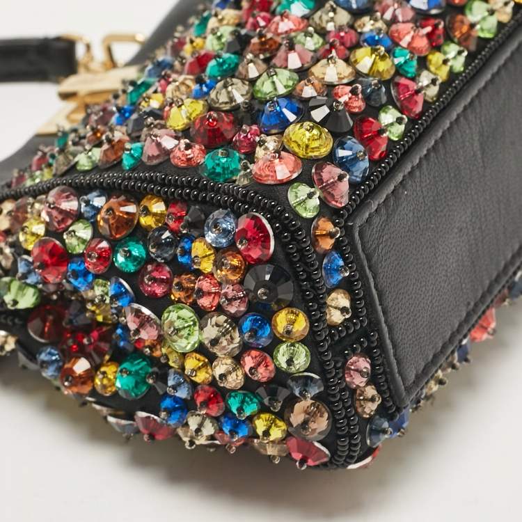 Pre Owned Fendi Black Leather Micro Peekaboo Crystals Crossbody Bag