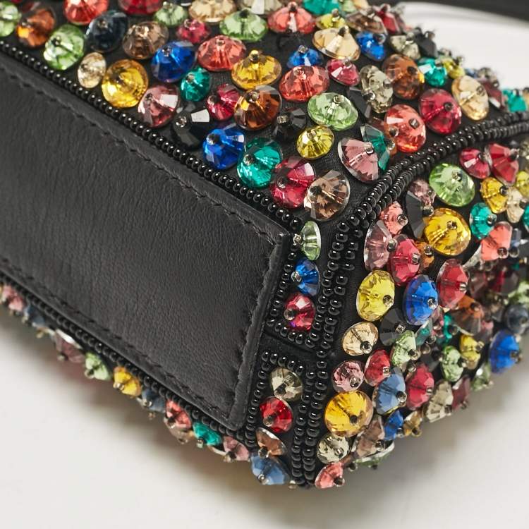 Pre Owned Fendi Black Leather Micro Peekaboo Crystals Crossbody Bag
