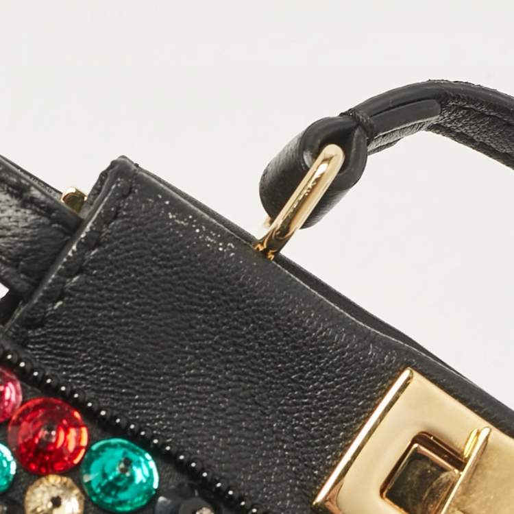 Pre Owned Fendi Black Leather Micro Peekaboo Crystals Crossbody Bag