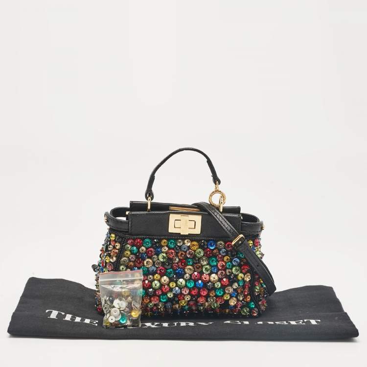 Pre Owned Fendi Black Leather Micro Peekaboo Crystals Crossbody Bag