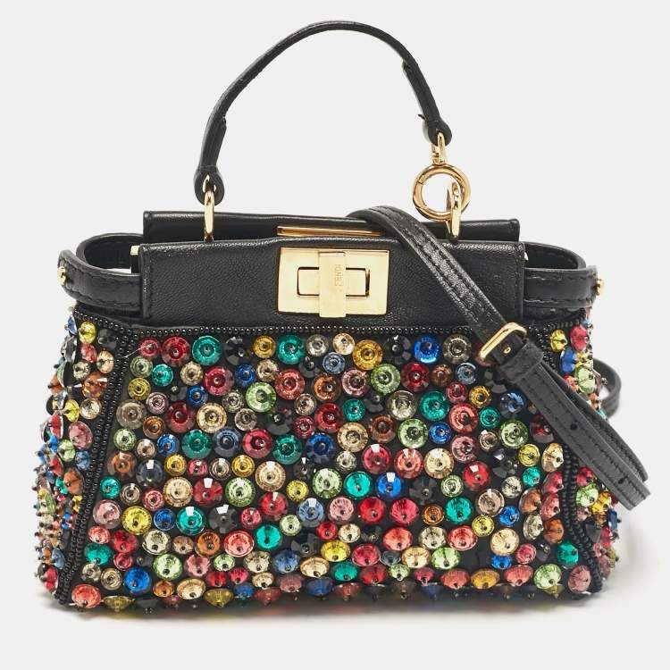 Pre Owned Fendi Black Leather Micro Peekaboo Crystals Crossbody Bag