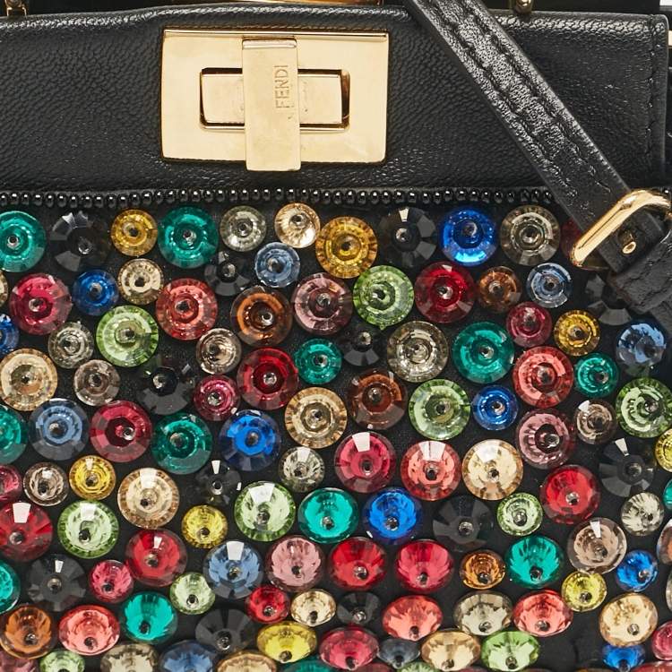 Pre Owned Fendi Black Leather Micro Peekaboo Crystals Crossbody Bag