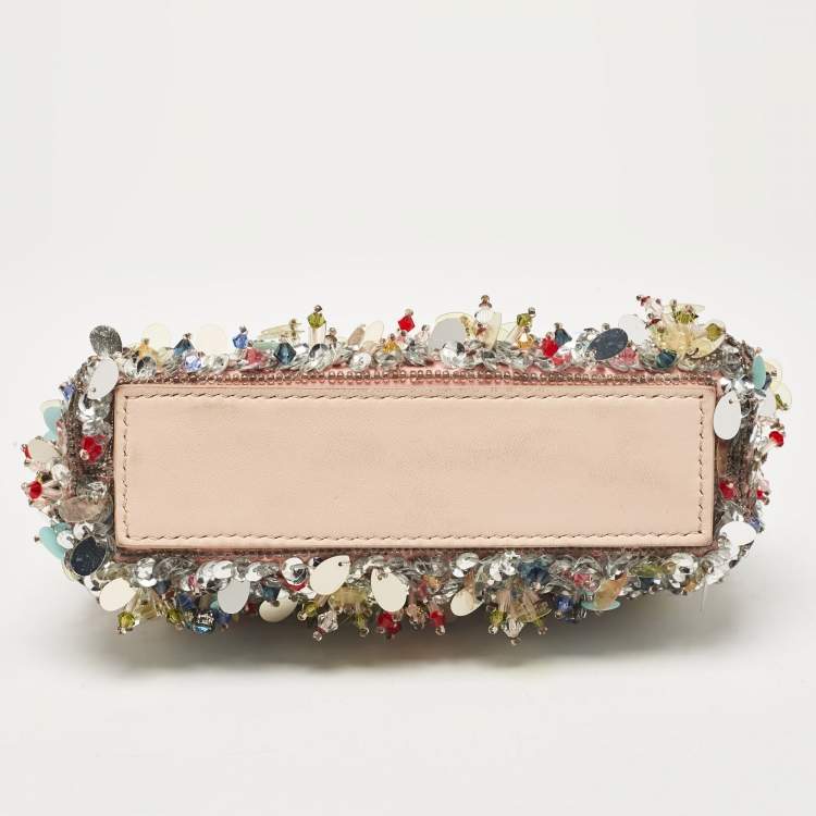 Pre Owned Fendi Beige Leather Micro Peekaboo Embellished Crossbody Bag