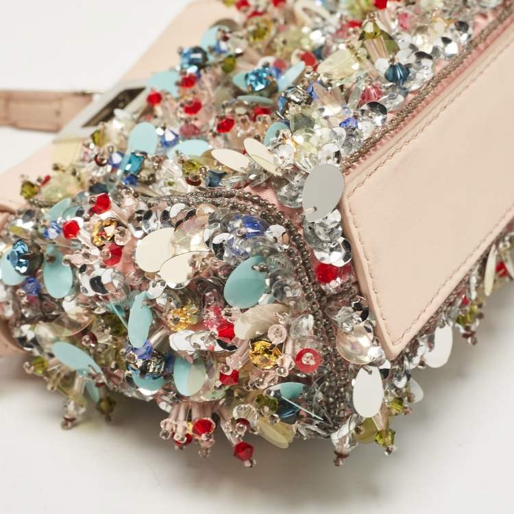 Pre Owned Fendi Beige Leather Micro Peekaboo Embellished Crossbody Bag