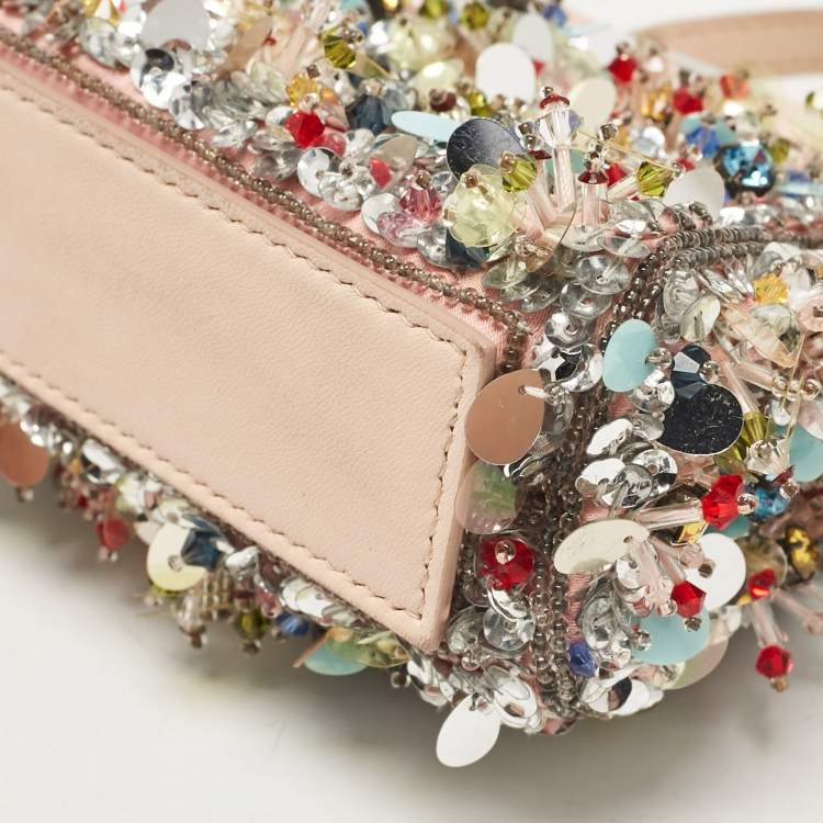 Pre Owned Fendi Beige Leather Micro Peekaboo Embellished Crossbody Bag