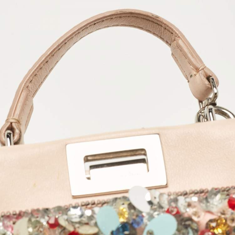 Pre Owned Fendi Beige Leather Micro Peekaboo Embellished Crossbody Bag