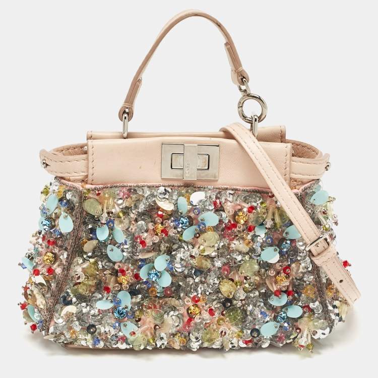 Pre Owned Fendi Beige Leather Micro Peekaboo Embellished Crossbody Bag