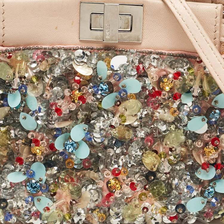 Pre Owned Fendi Beige Leather Micro Peekaboo Embellished Crossbody Bag