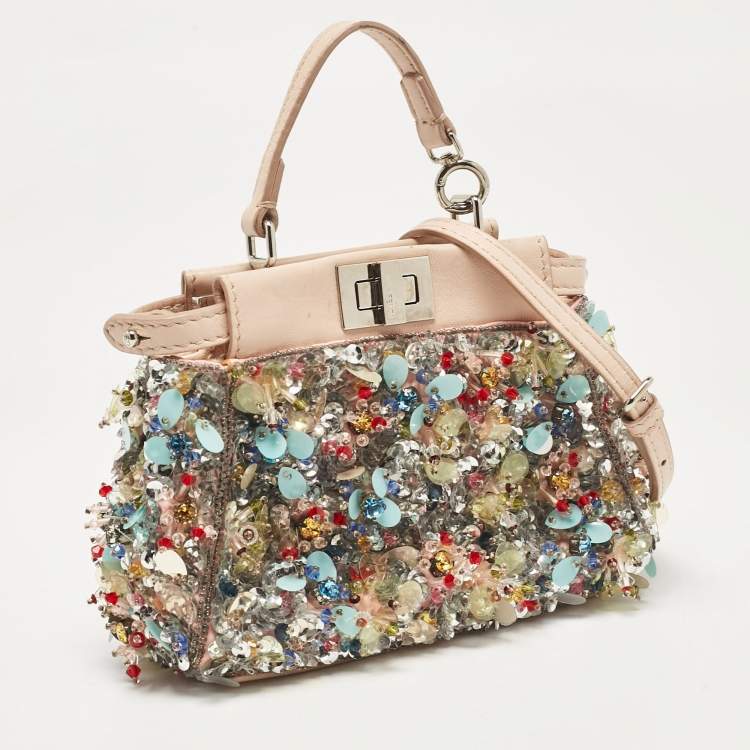 Pre Owned Fendi Beige Leather Micro Peekaboo Embellished Crossbody Bag