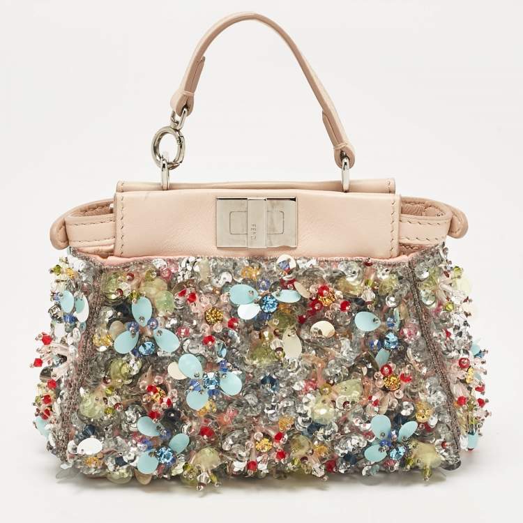 Pre Owned Fendi Beige Leather Micro Peekaboo Embellished Crossbody Bag