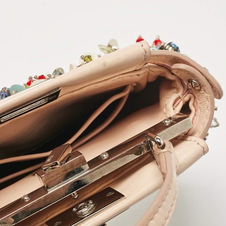 Pre Owned Fendi Beige Leather Micro Peekaboo Embellished Crossbody Bag