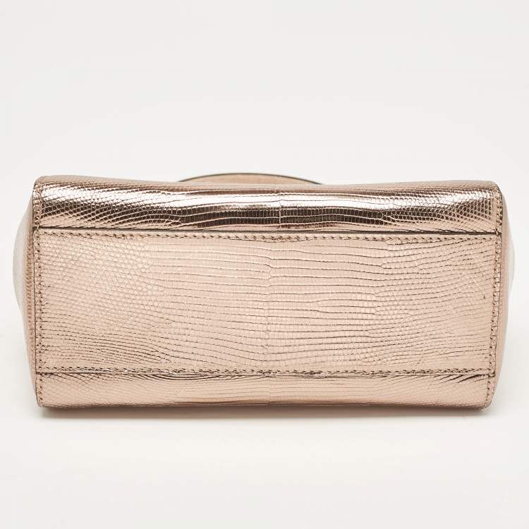 Pre Owned Fendi Rose Gold Lizard Patent Leather XS Iconic Peekaboo Top Handle Bag