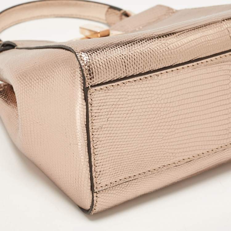 Pre Owned Fendi Rose Gold Lizard Patent Leather XS Iconic Peekaboo Top Handle Bag