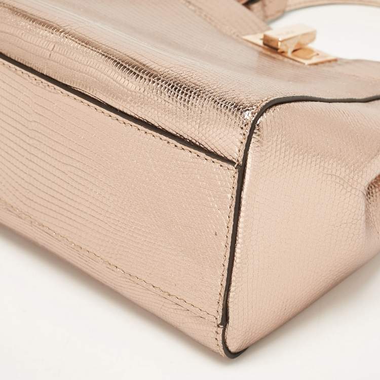Pre Owned Fendi Rose Gold Lizard Patent Leather XS Iconic Peekaboo Top Handle Bag