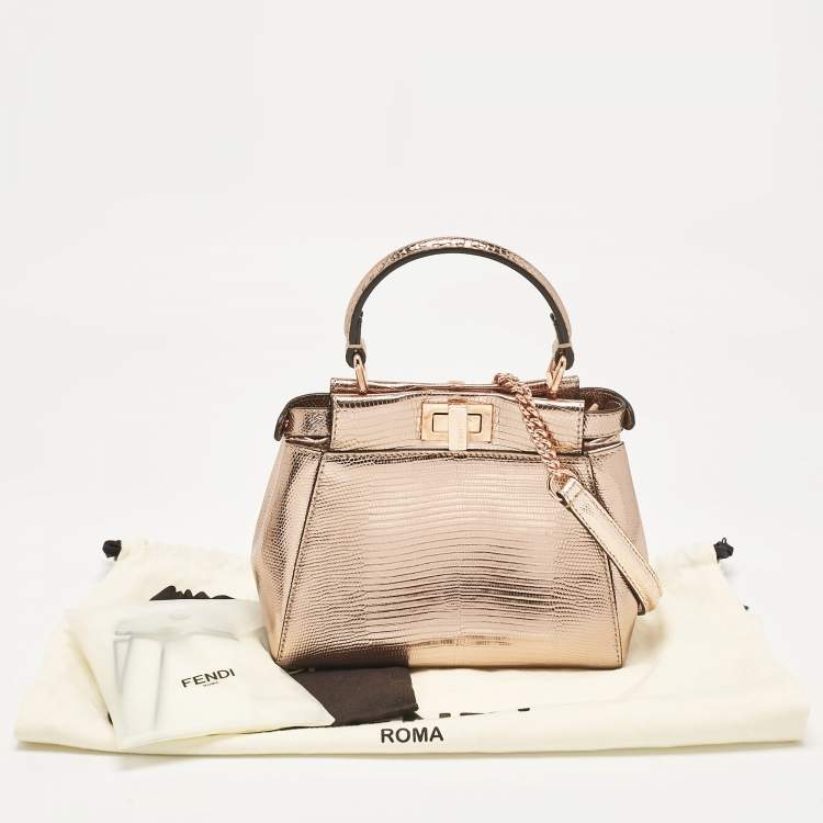 Pre Owned Fendi Rose Gold Lizard Patent Leather XS Iconic Peekaboo Top Handle Bag
