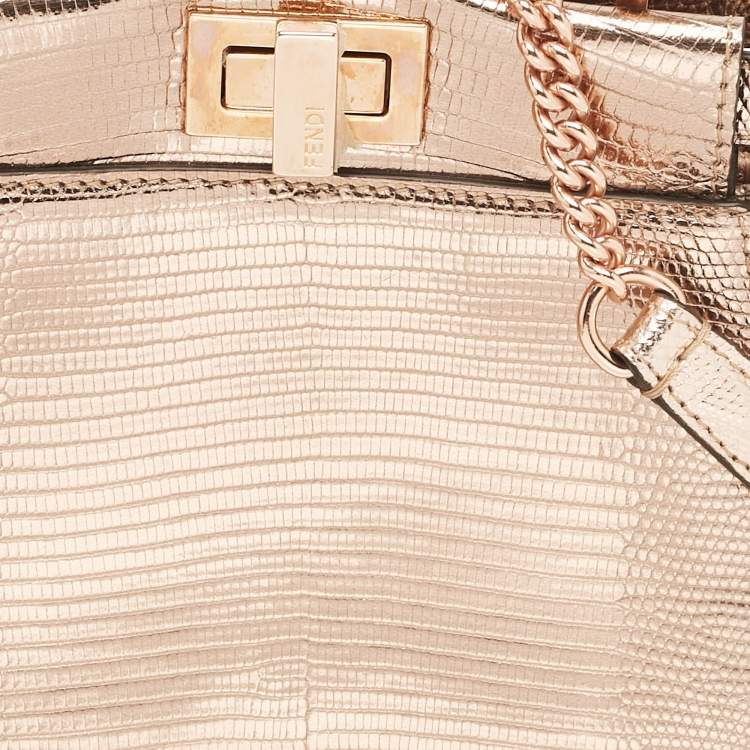 Pre Owned Fendi Rose Gold Lizard Patent Leather XS Iconic Peekaboo Top Handle Bag