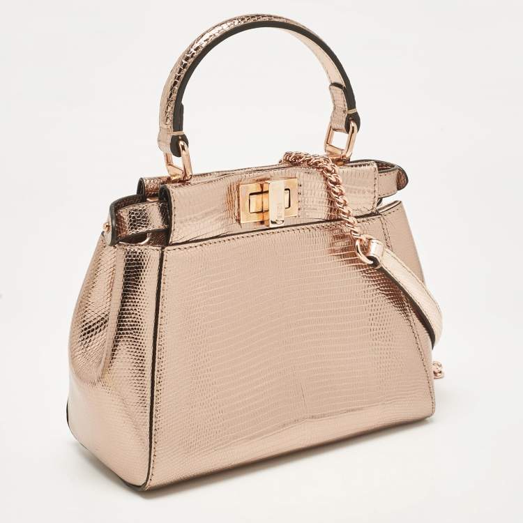 Pre Owned Fendi Rose Gold Lizard Patent Leather XS Iconic Peekaboo Top Handle Bag