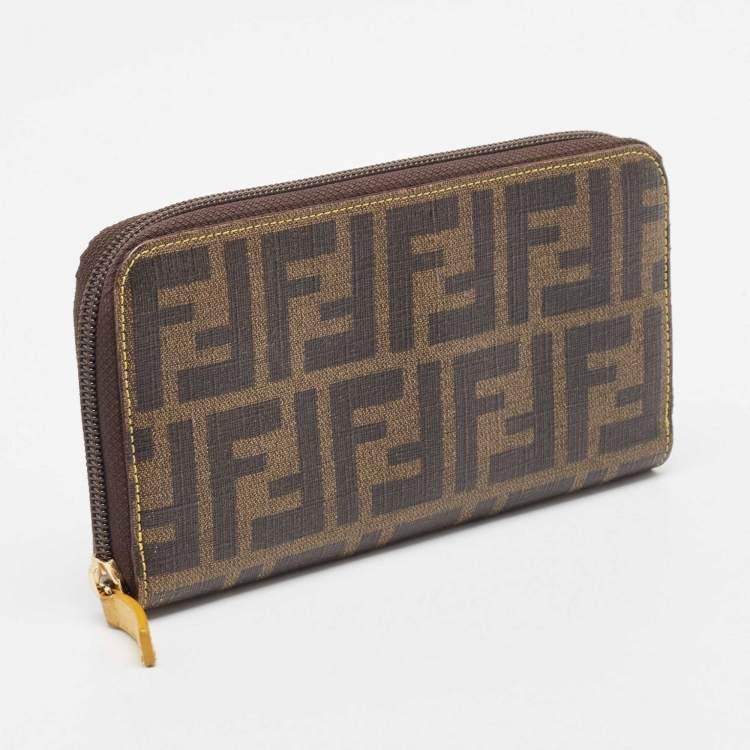 Pre Owned Fendi Tobacco Zucca Coated Canvas Zip Around Continental Wallet