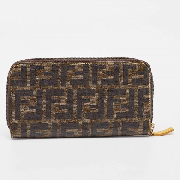 Pre Owned Fendi Tobacco Zucca Coated Canvas Zip Around Continental Wallet