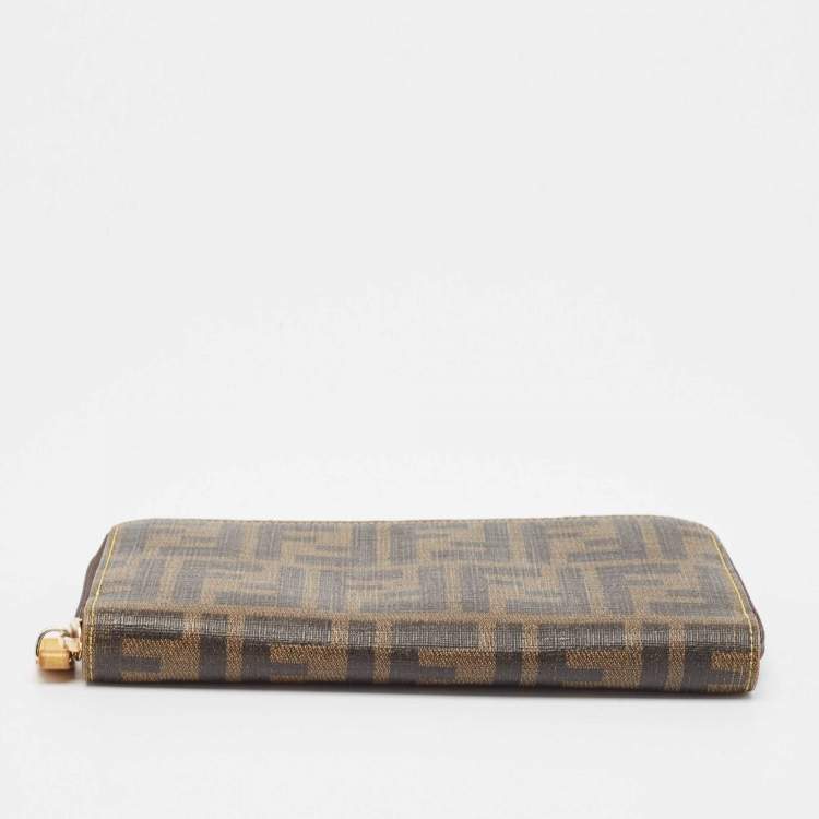 Pre Owned Fendi Tobacco Zucca Coated Canvas Zip Around Continental Wallet