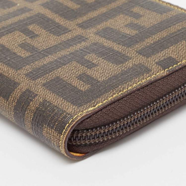 Pre Owned Fendi Tobacco Zucca Coated Canvas Zip Around Continental Wallet