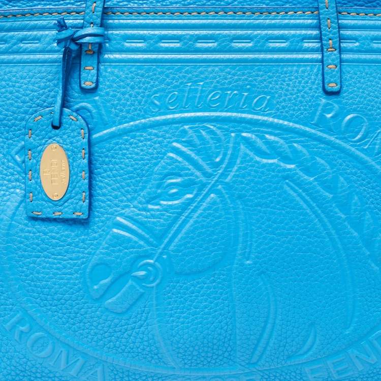Pre Owned Fendi Blue Selleria Leather Roll Tote 