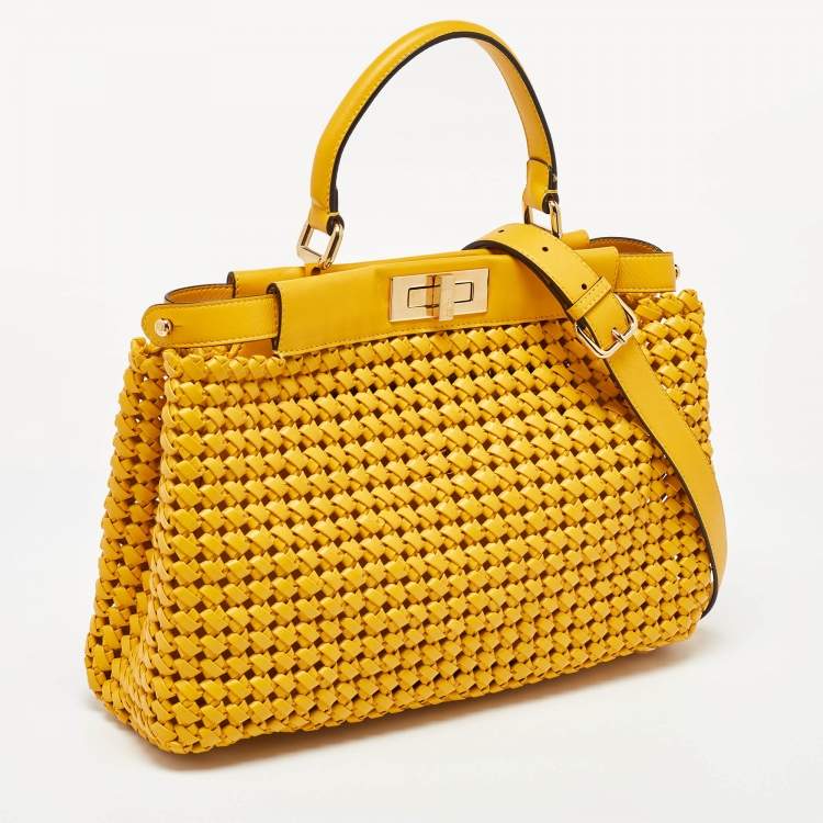 مملوكة مسبقًا Fendi Yellow Woven Leather Medium Peekaboo Top Handle Bag