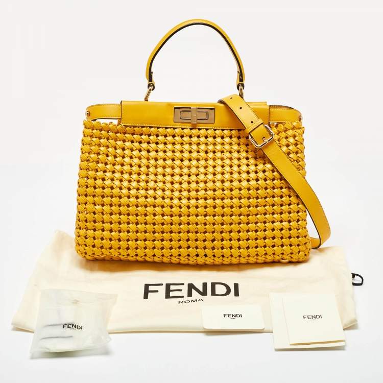 مملوكة مسبقًا Fendi Yellow Woven Leather Medium Peekaboo Top Handle Bag