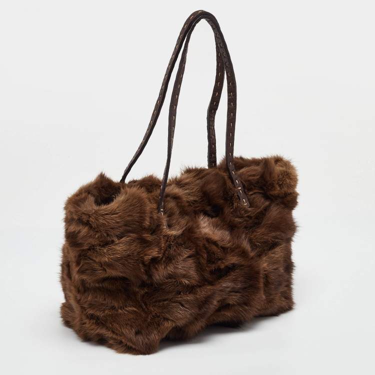 Pre Owned Fendi Brown Mink Fur and Leather Selleria Tote
