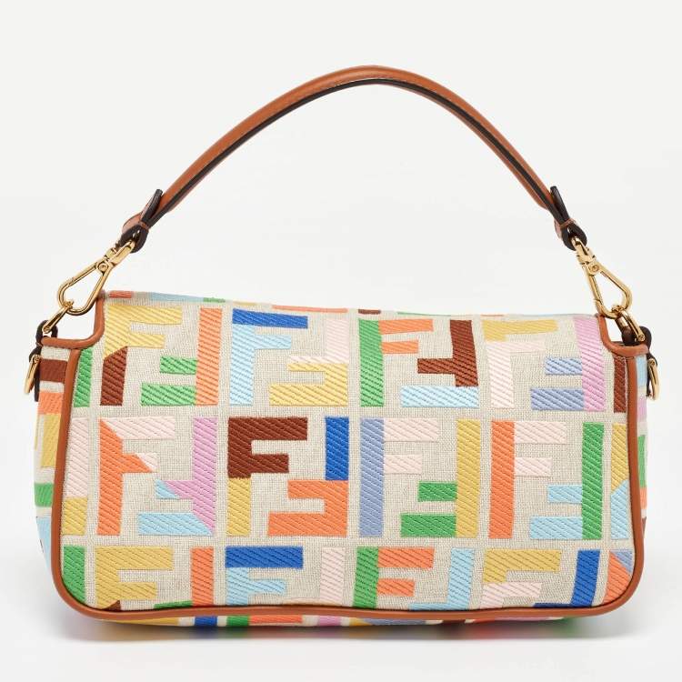 Pre Owned Fendi Multicolor Canvas and Leather FF Embroidered Baguette Crossbody Bag