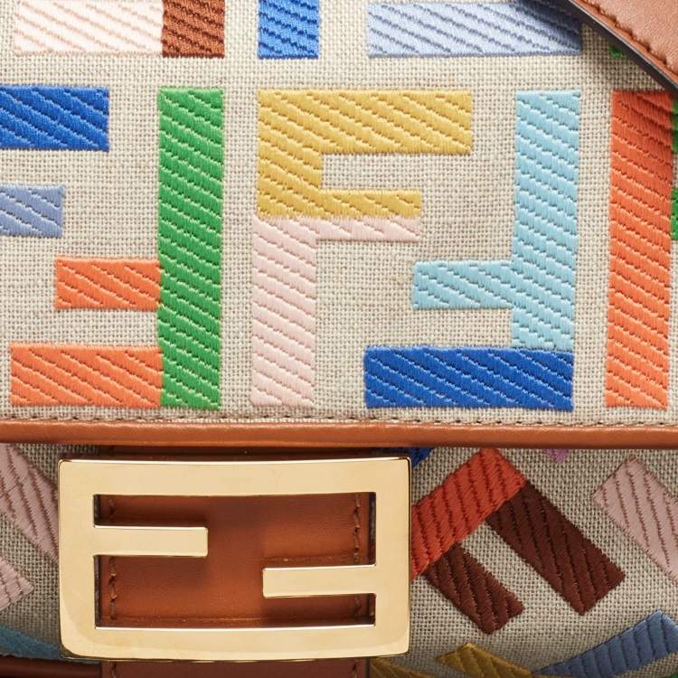 Pre Owned Fendi Multicolor Canvas and Leather FF Embroidered Baguette Crossbody Bag