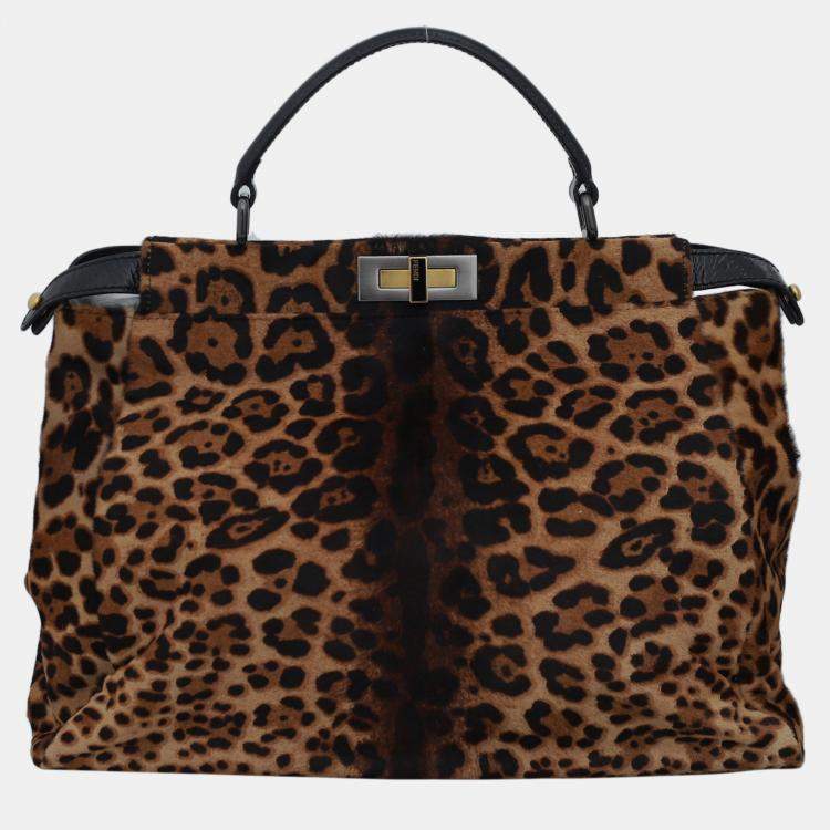 Pre Owned Fendi Brown Leopard-Print Calf Hair Large Peekaboo Bag