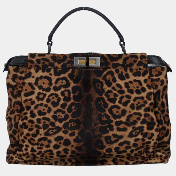 Pre Owned Fendi Brown Leopard-Print Calf Hair Large Peekaboo Bag