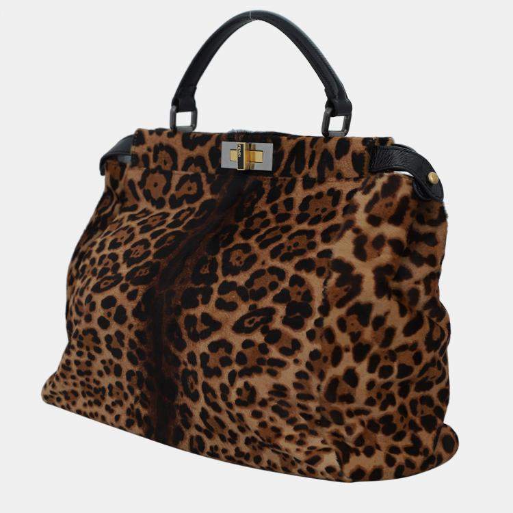 Pre Owned Fendi Brown Leopard-Print Calf Hair Large Peekaboo Bag