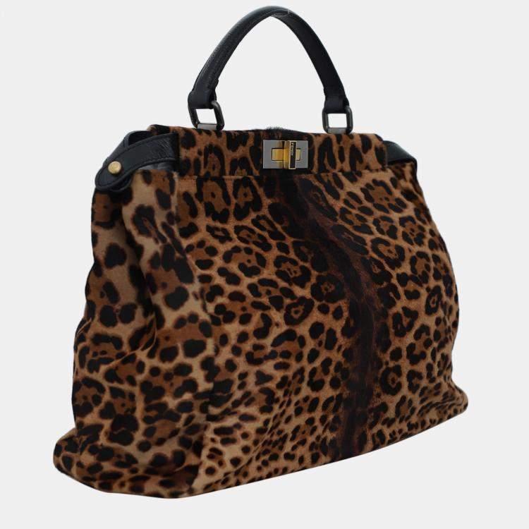 Pre Owned Fendi Brown Leopard-Print Calf Hair Large Peekaboo Bag