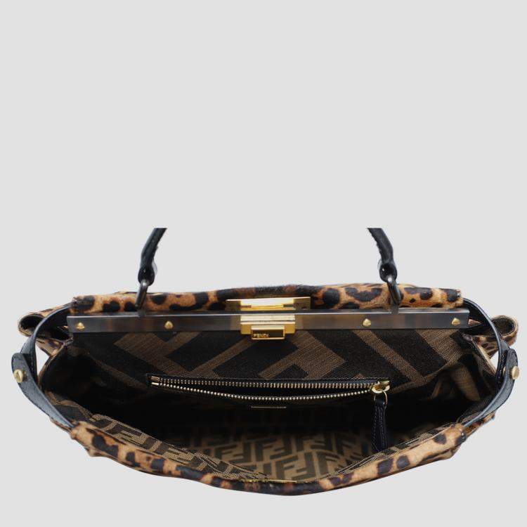 Pre Owned Fendi Brown Leopard-Print Calf Hair Large Peekaboo Bag