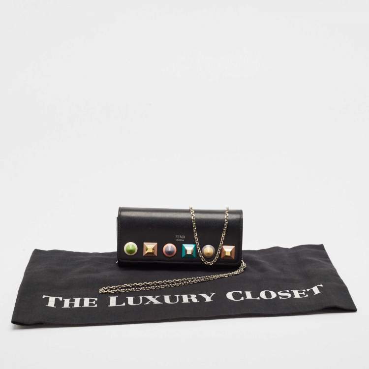 Pre Owned Fendi Black Leather Rainbow Stud Flap Wallet on Chain