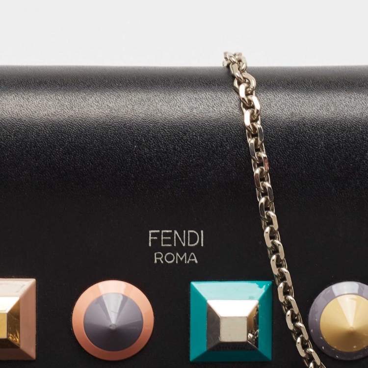 Pre Owned Fendi Black Leather Rainbow Stud Flap Wallet on Chain