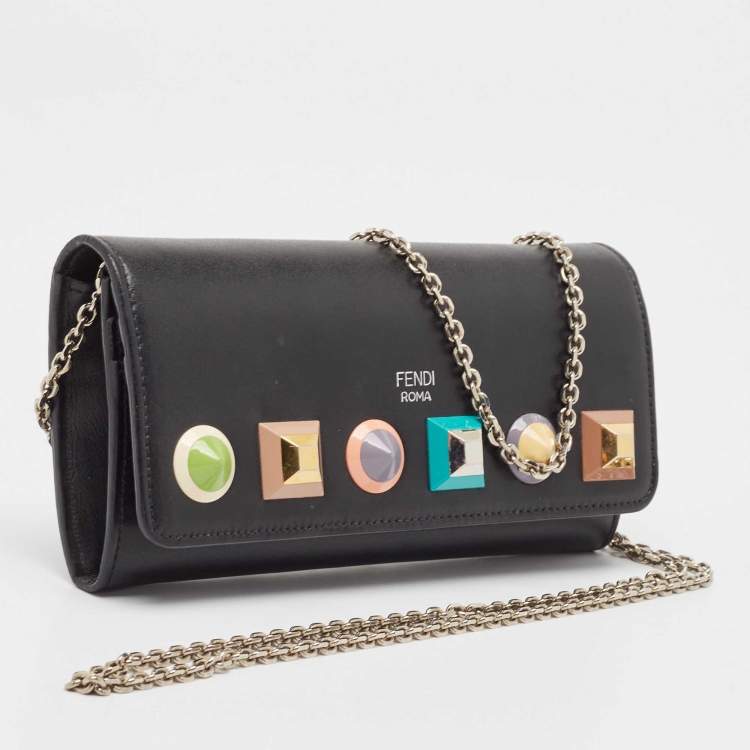 Pre Owned Fendi Black Leather Rainbow Stud Flap Wallet on Chain
