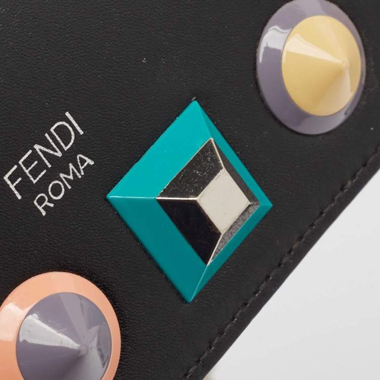 Pre Owned Fendi Black Leather Rainbow Stud Flap Wallet on Chain
